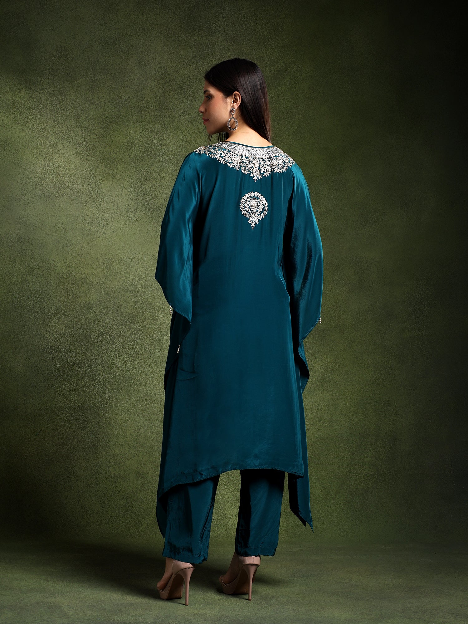 Teal Crepe Hand Embroidered Kaftan with Pants