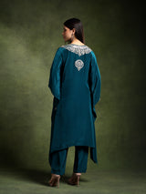 Teal Crepe Hand Embroidered Kaftan with Pants