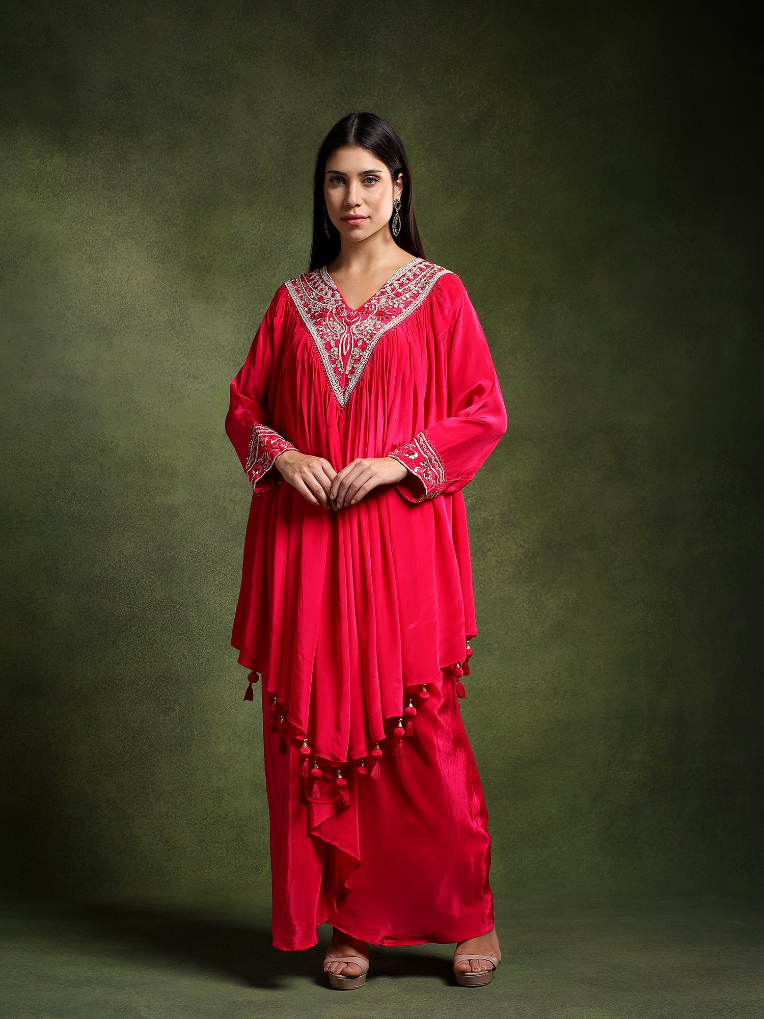 Fuschia Hand Embroidered Shirt with Draped Skirt