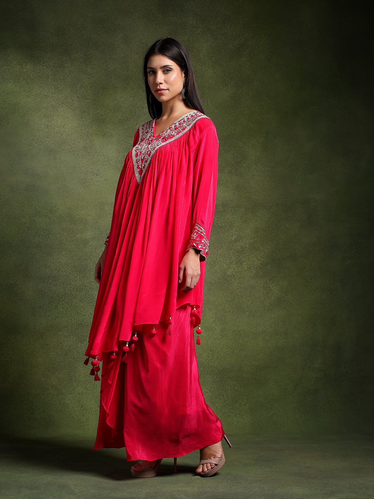Fuschia Hand Embroidered Shirt with Draped Skirt