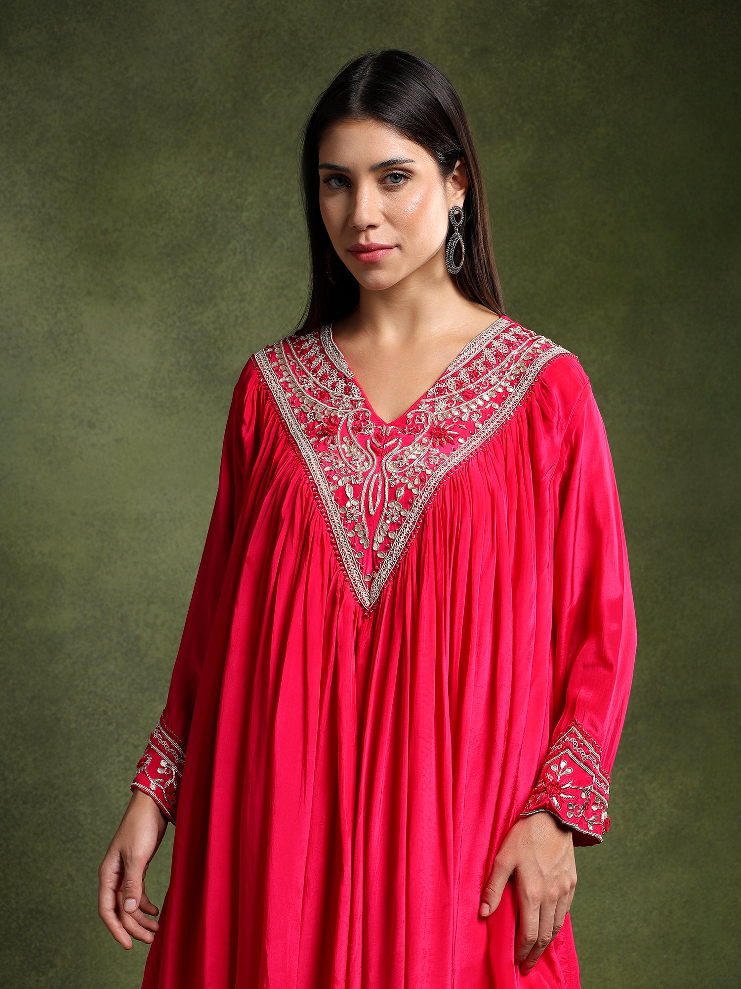 Fuschia Hand Embroidered Shirt with Draped Skirt