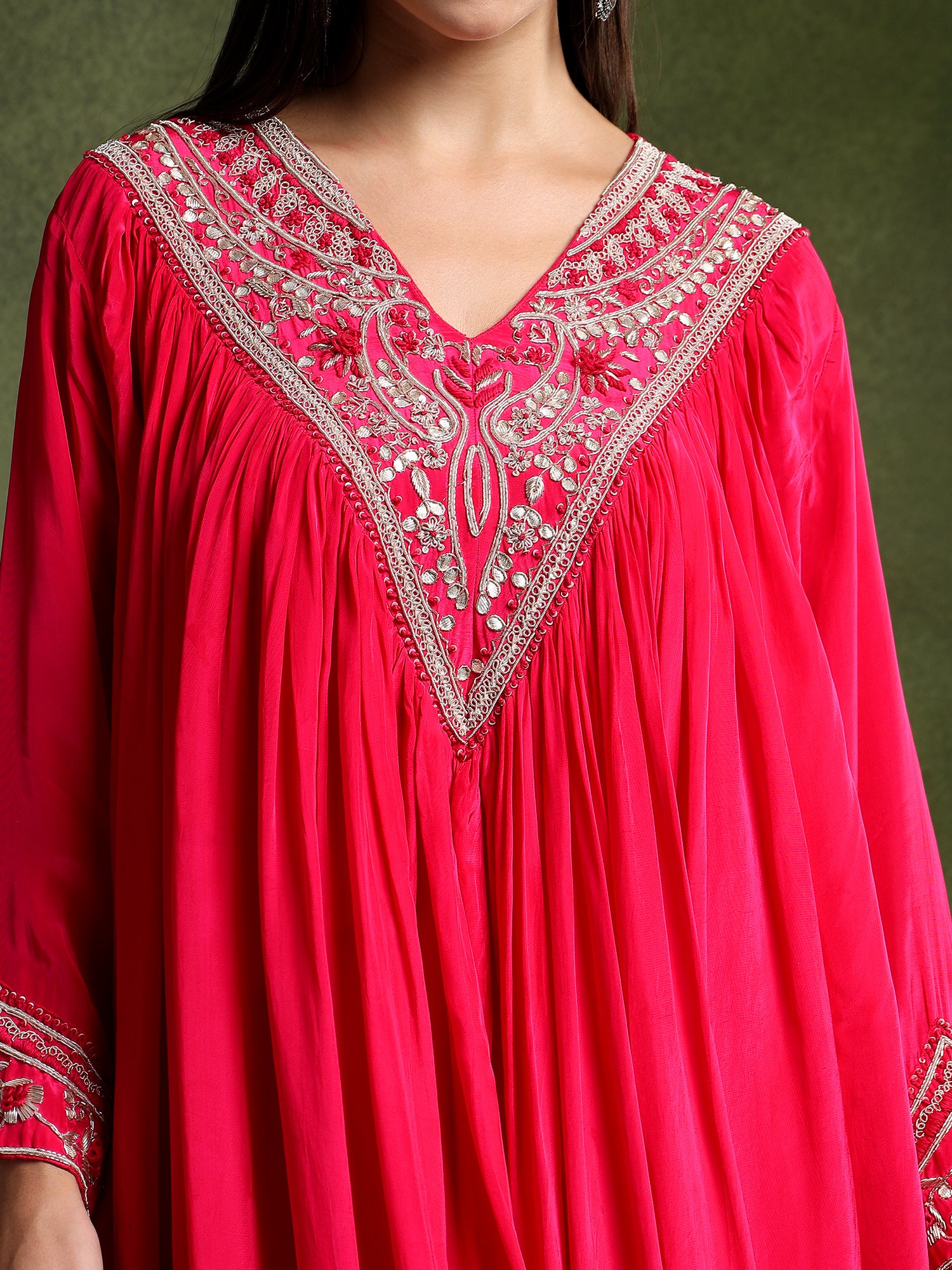 Fuschia Hand Embroidered Shirt with Draped Skirt