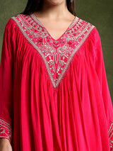 Fuschia Hand Embroidered Shirt with Draped Skirt