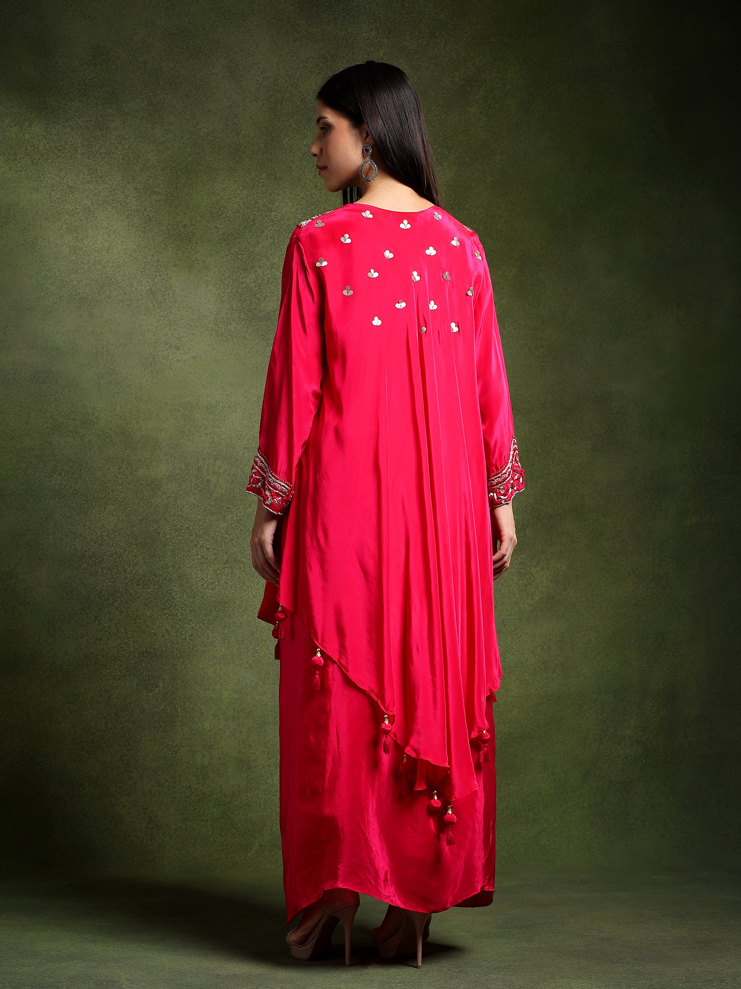 Fuschia Hand Embroidered Shirt with Draped Skirt