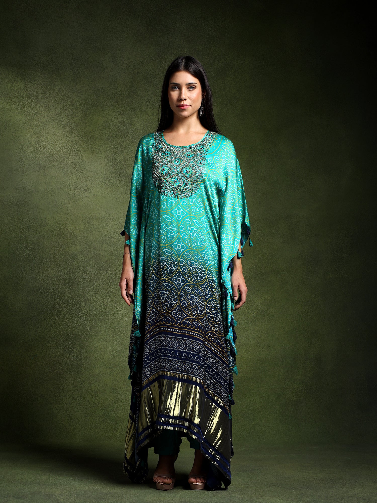 Long Hand Embroidered Satin Silk Bandhej Kaftan