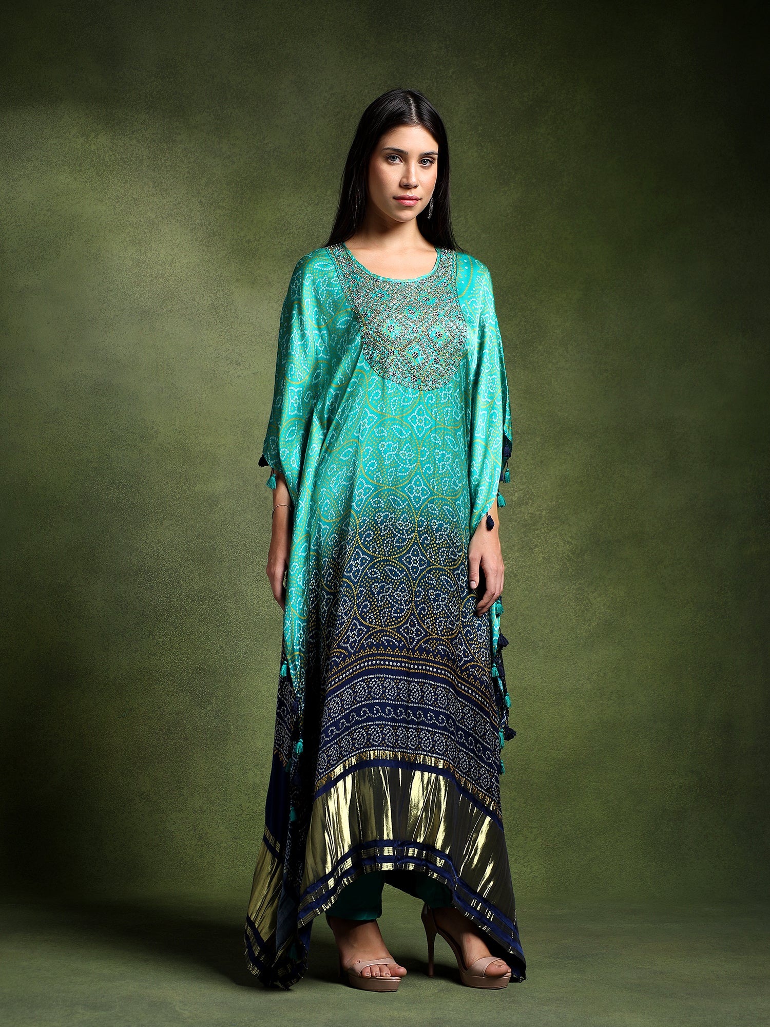 Long Hand Embroidered Satin Silk Bandhej Kaftan