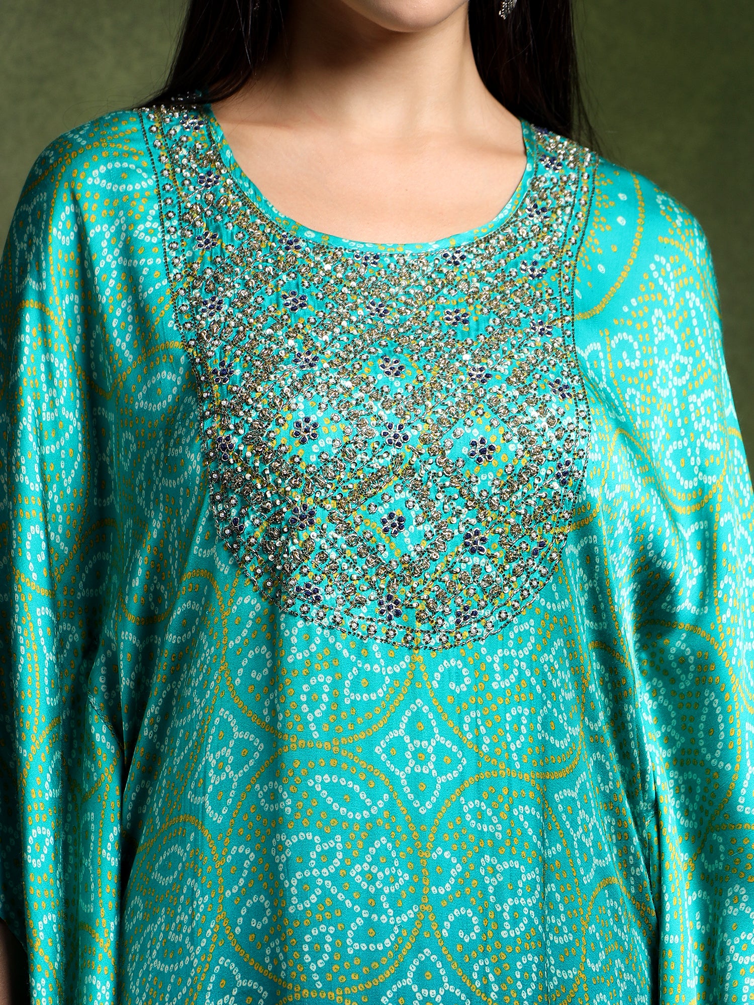 Long Hand Embroidered Satin Silk Bandhej Kaftan