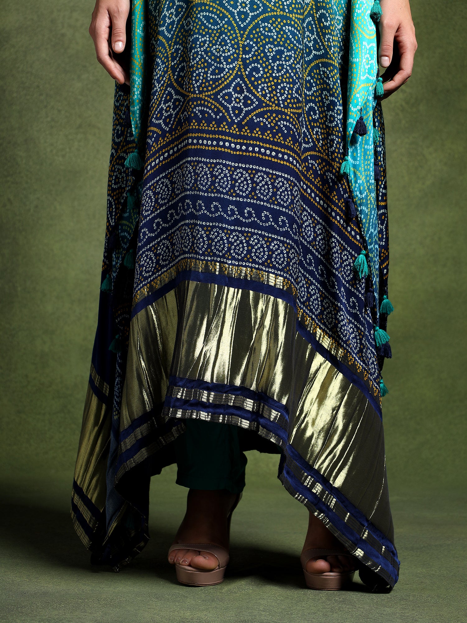 Long Hand Embroidered Satin Silk Bandhej Kaftan