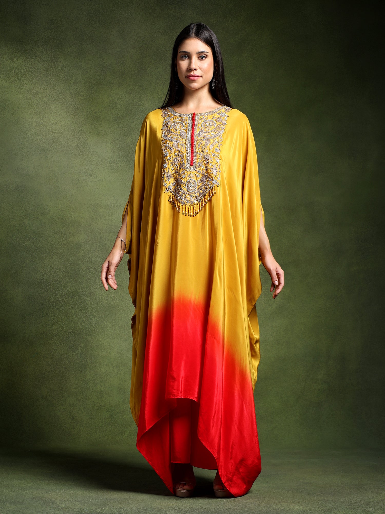 Yellow Crepe Hand Embroidered Long Kaftan with Pants