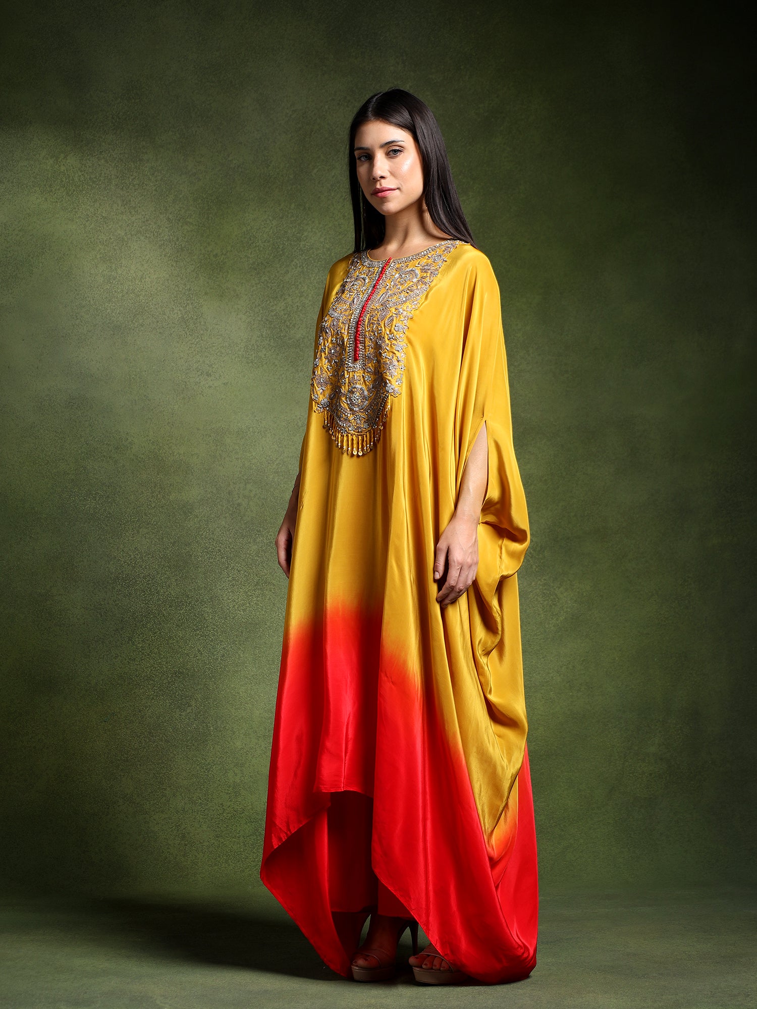 Yellow Crepe Hand Embroidered Long Kaftan with Pants