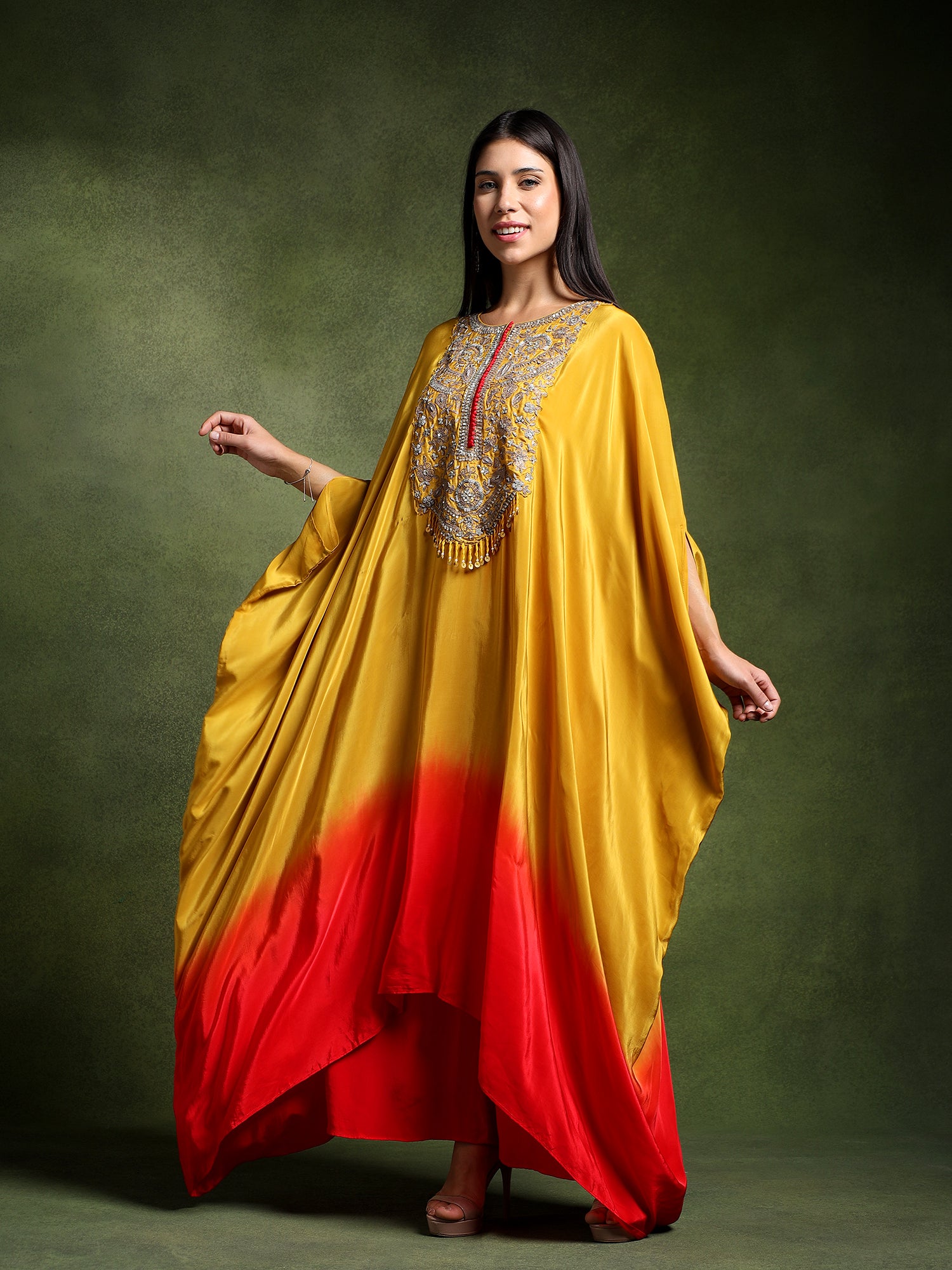 Yellow Crepe Hand Embroidered Long Kaftan with Pants