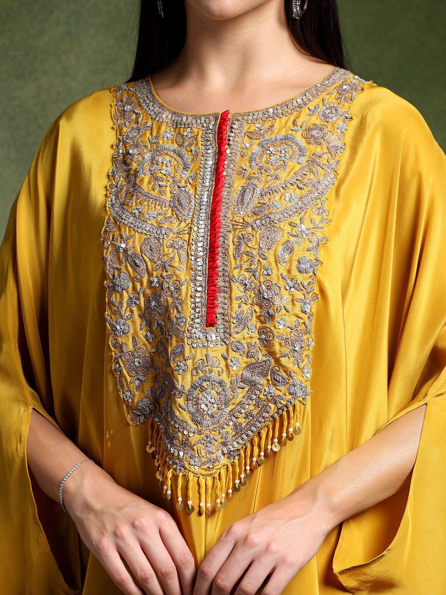 Yellow Crepe Hand Embroidered Long Kaftan with Pants