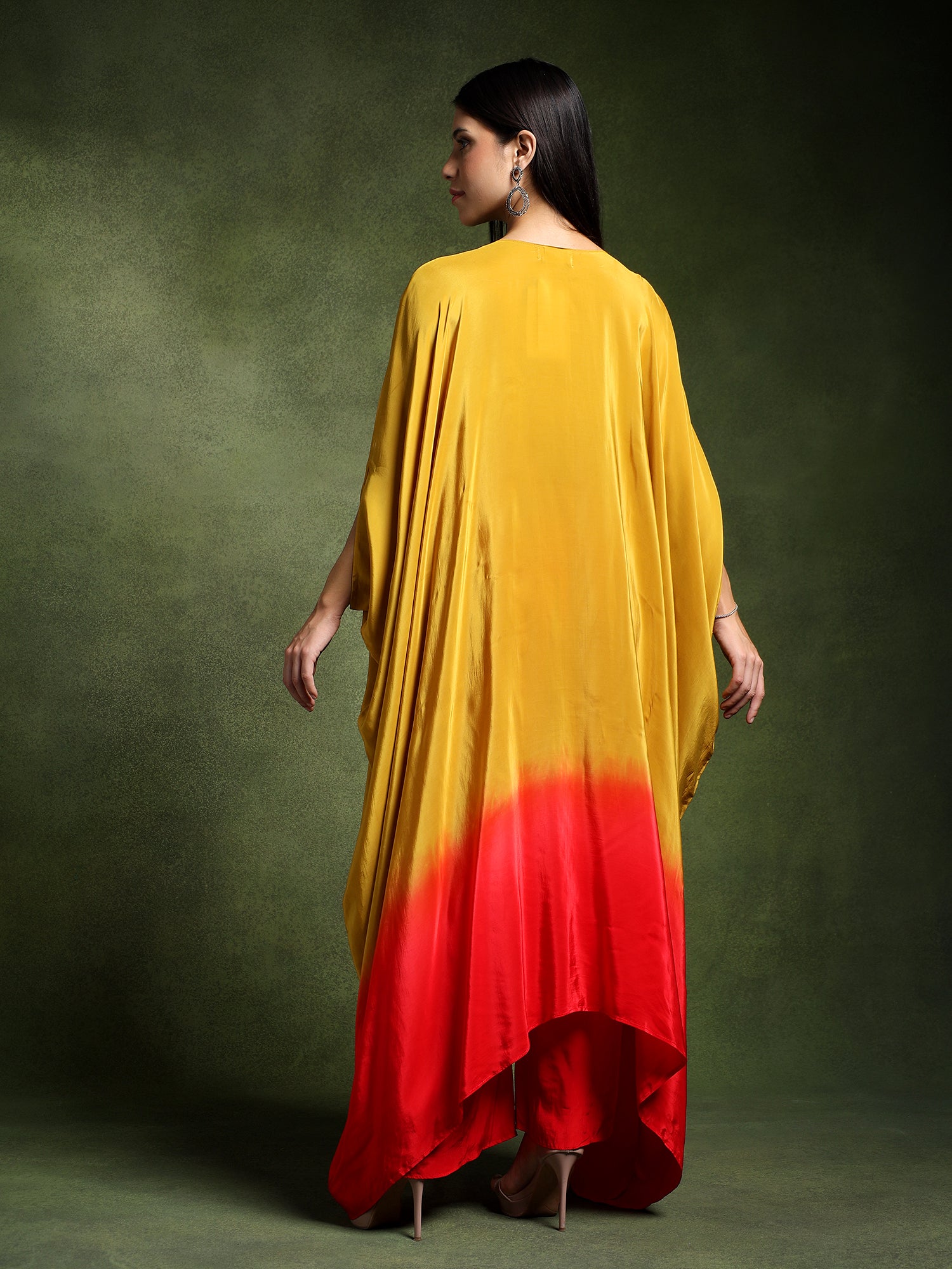 Yellow Crepe Hand Embroidered Long Kaftan with Pants
