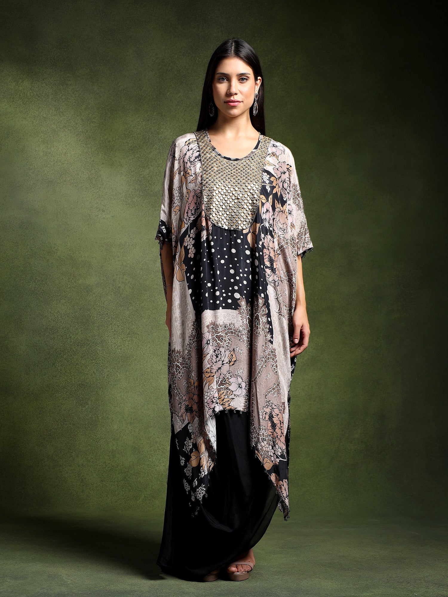 Crepe Printed Long Kaftan with Drape Skirt