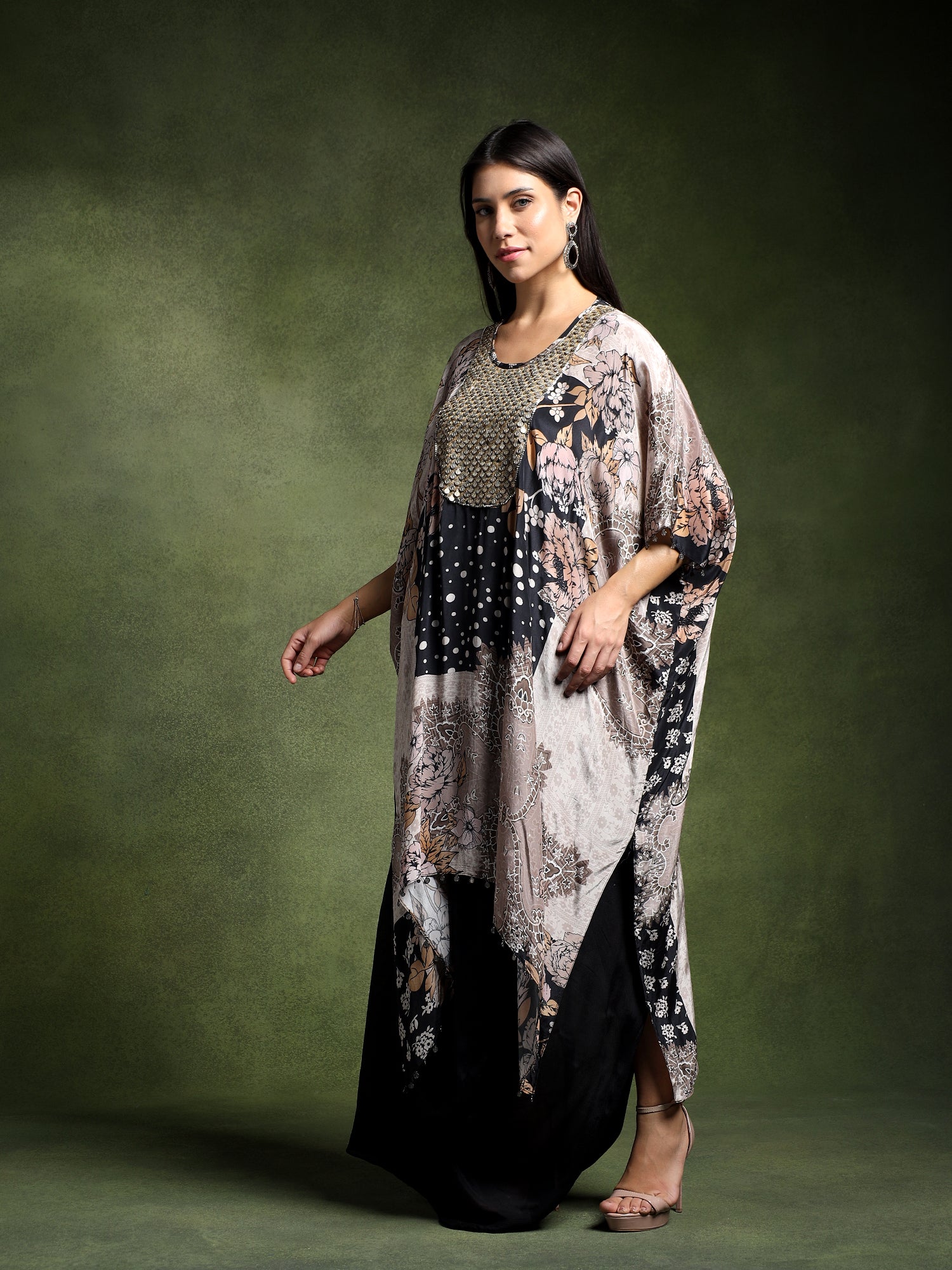 Crepe Printed Long Kaftan with Drape Skirt