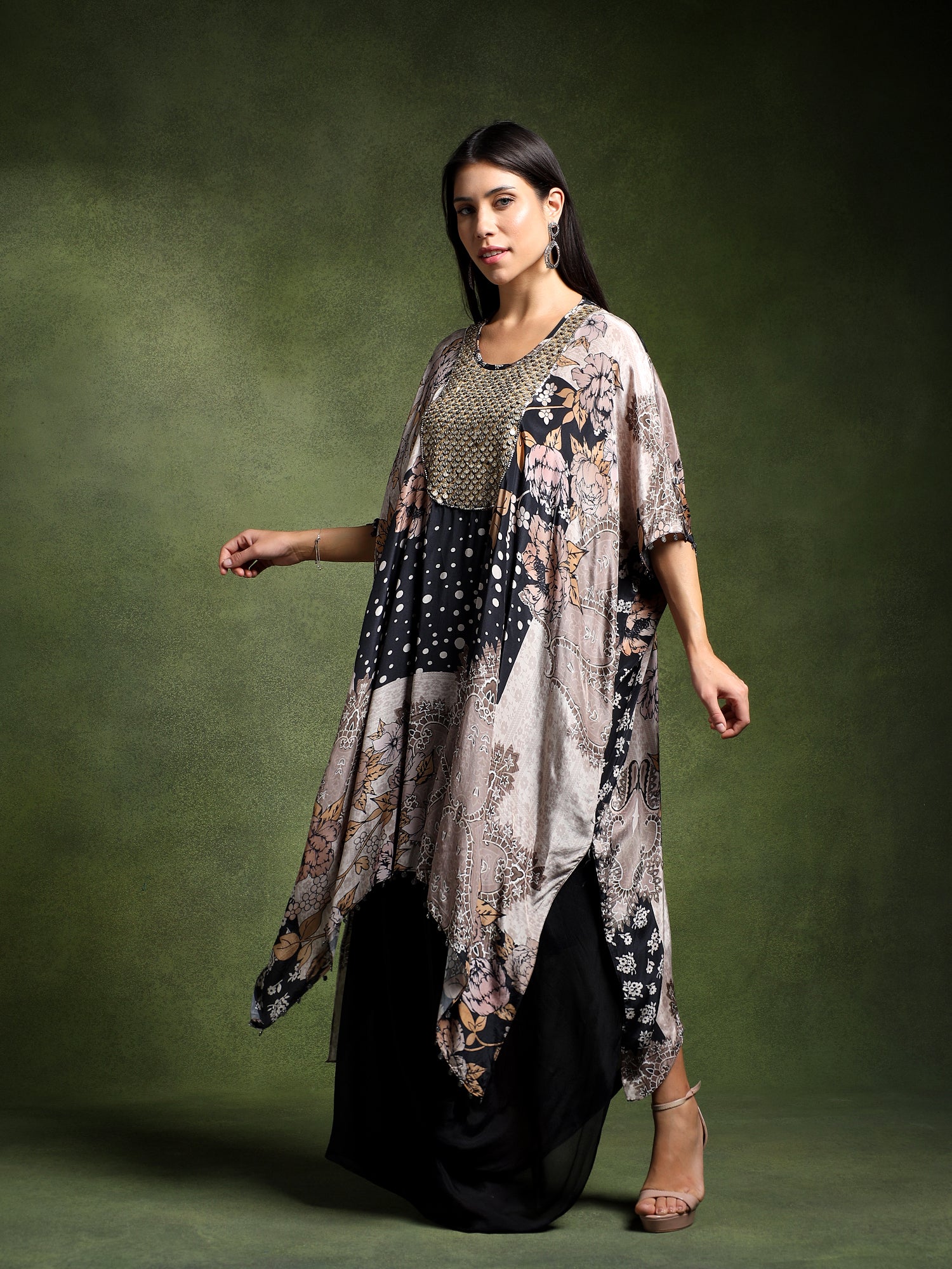 Crepe Printed Long Kaftan with Drape Skirt