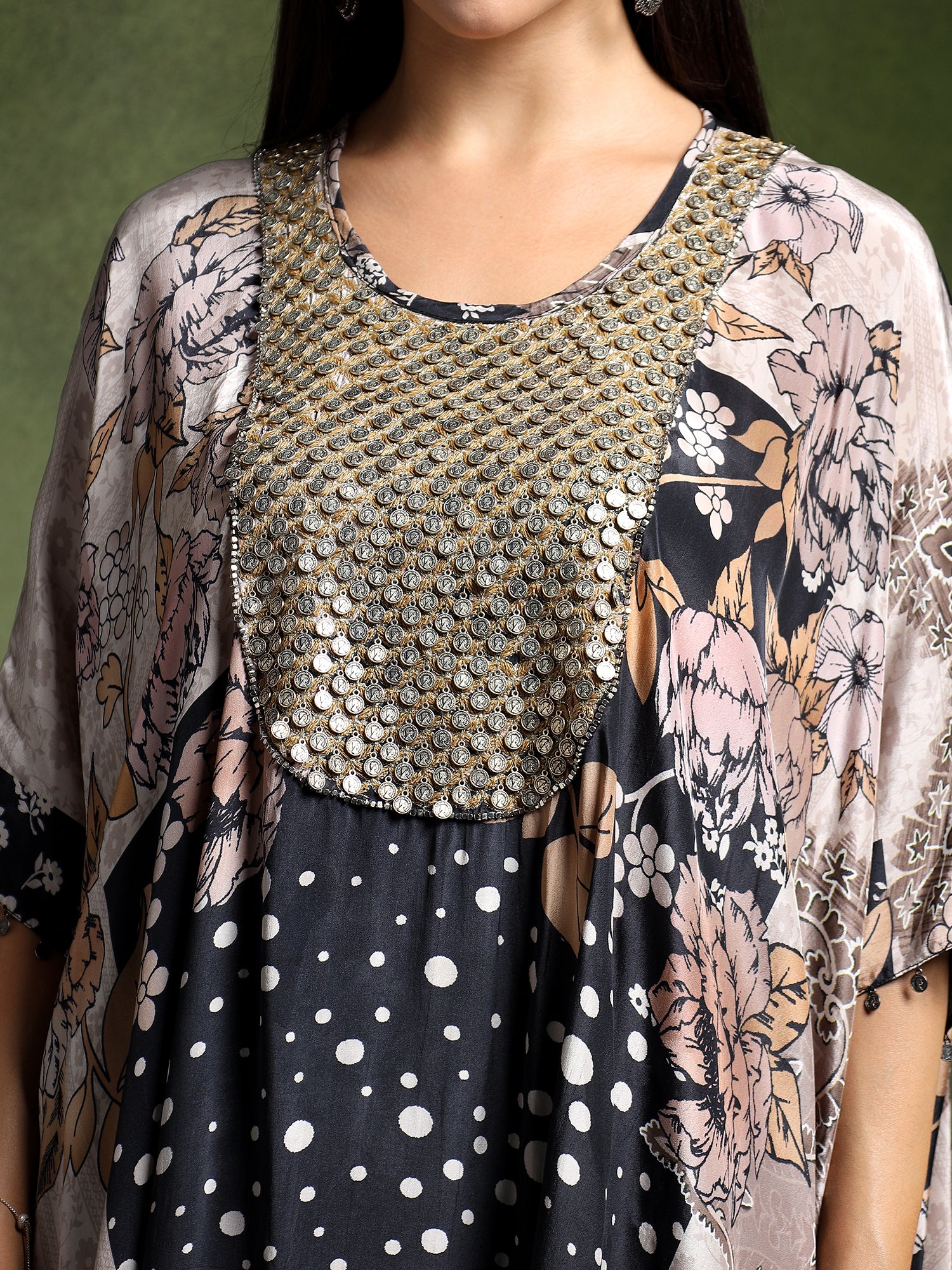 Crepe Printed Long Kaftan with Drape Skirt