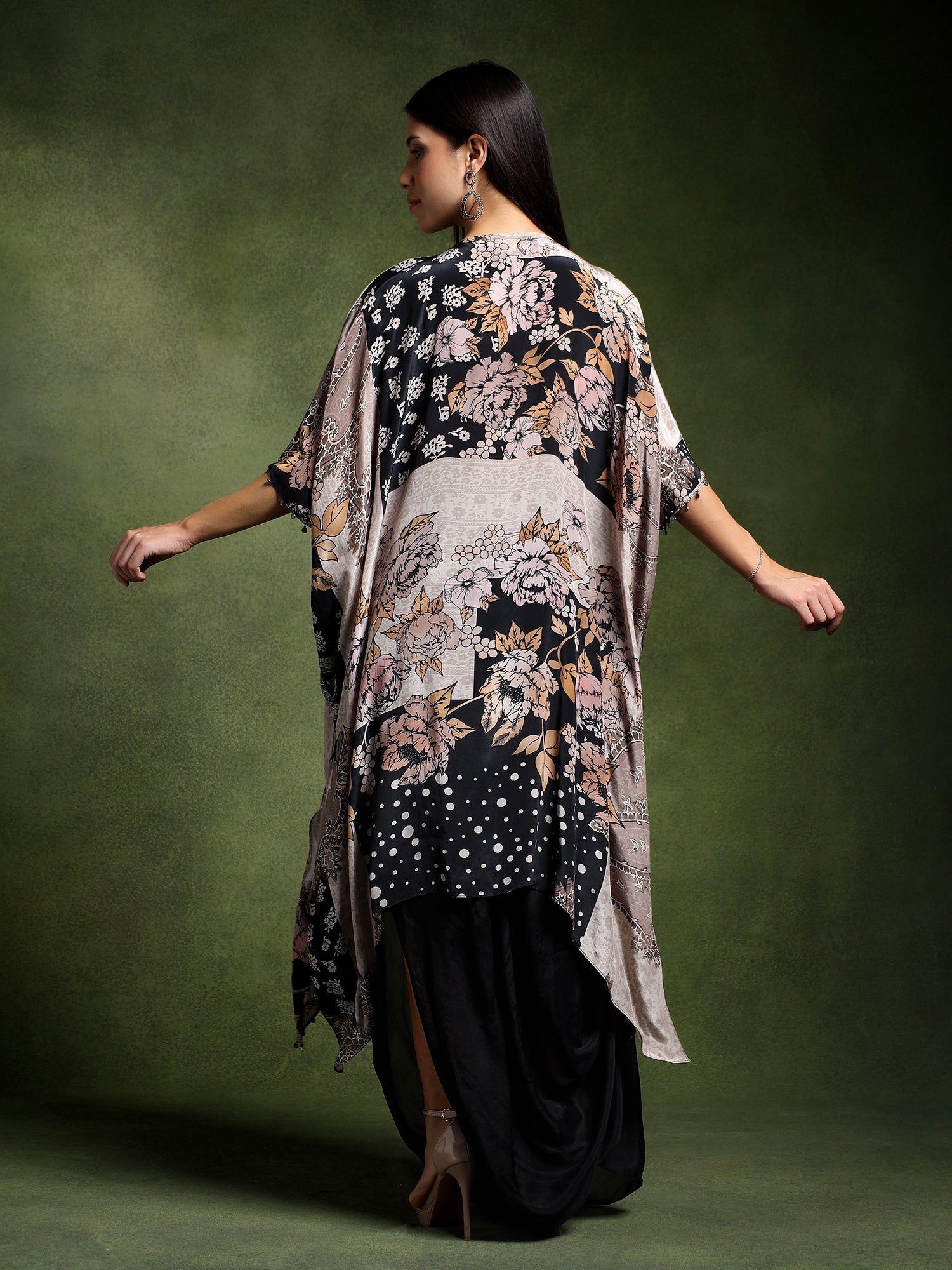 Crepe Printed Long Kaftan with Drape Skirt