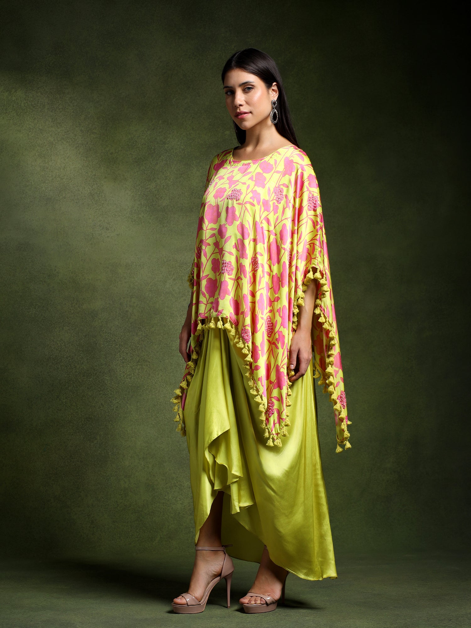 Satin Floral Printed Kimono with Draped Skirt