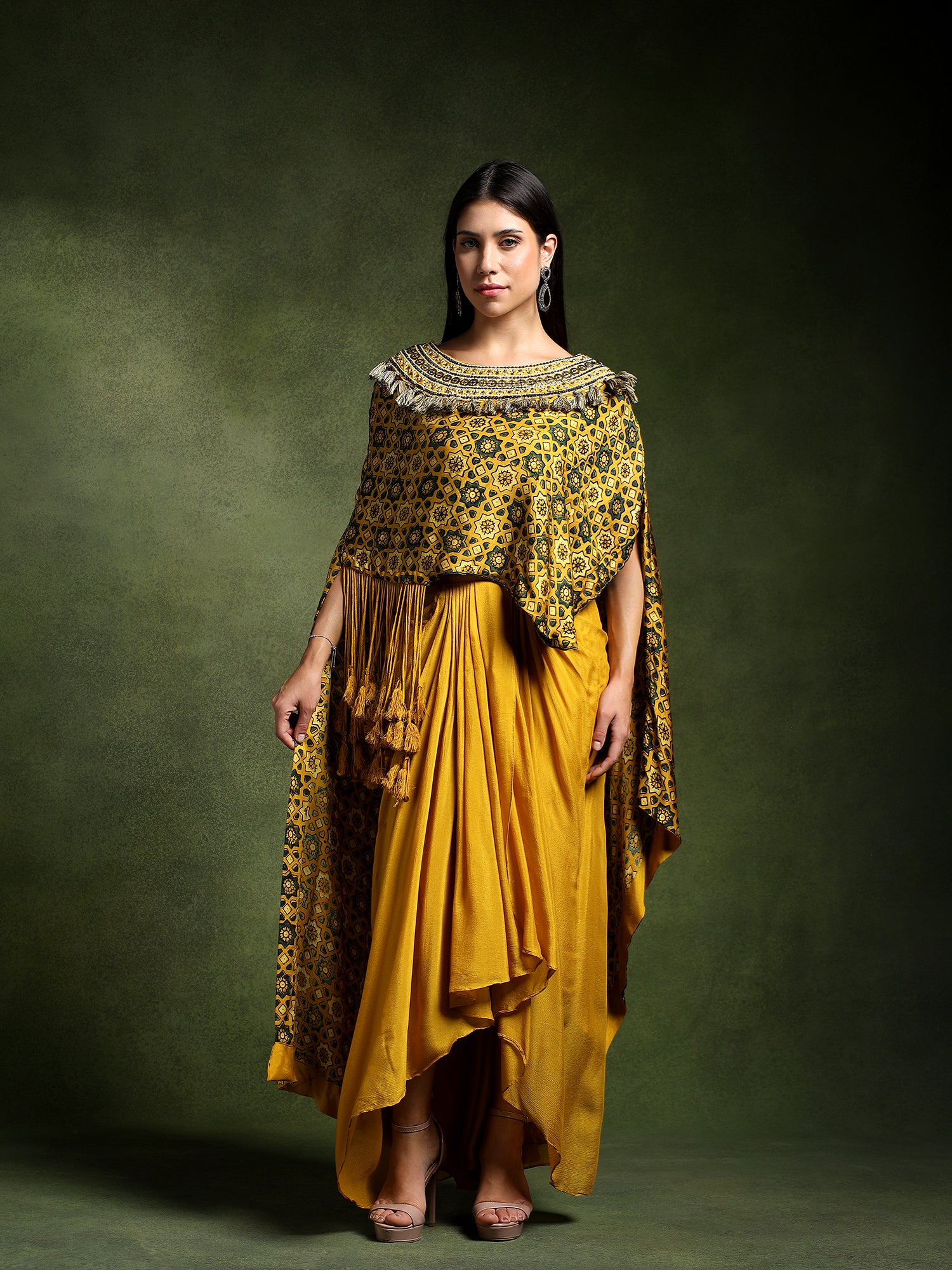 Satin Silk Ajrakh Printed Kimono with Draped Skirt