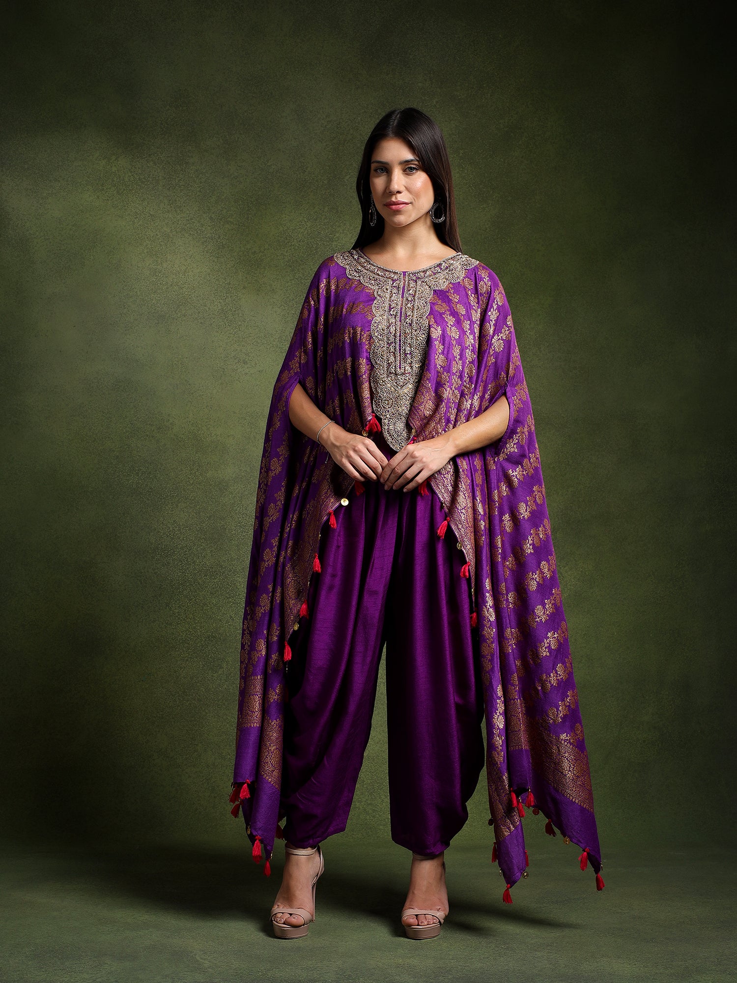 Purple Banarsi Silk Hand Embroidered Kimono with Tulip Pants