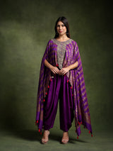 Purple Banarsi Silk Hand Embroidered Kimono with Tulip Pants