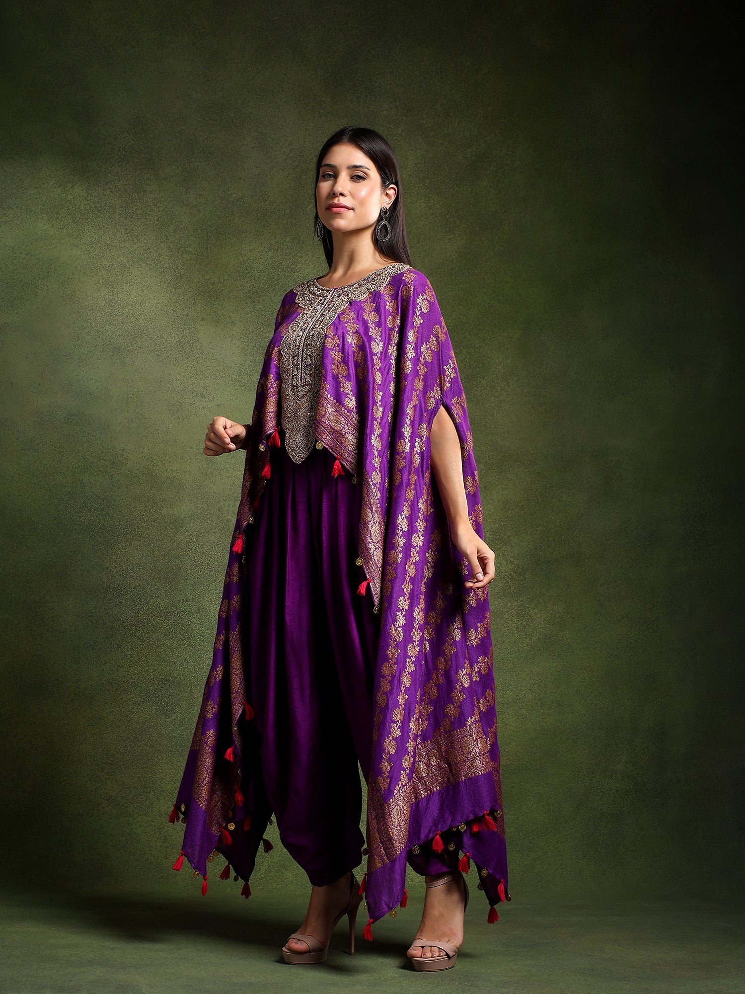 Purple Banarsi Silk Hand Embroidered Kimono with Tulip Pants