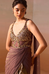 CHOCOLATE BROWN DRAPED SAREE