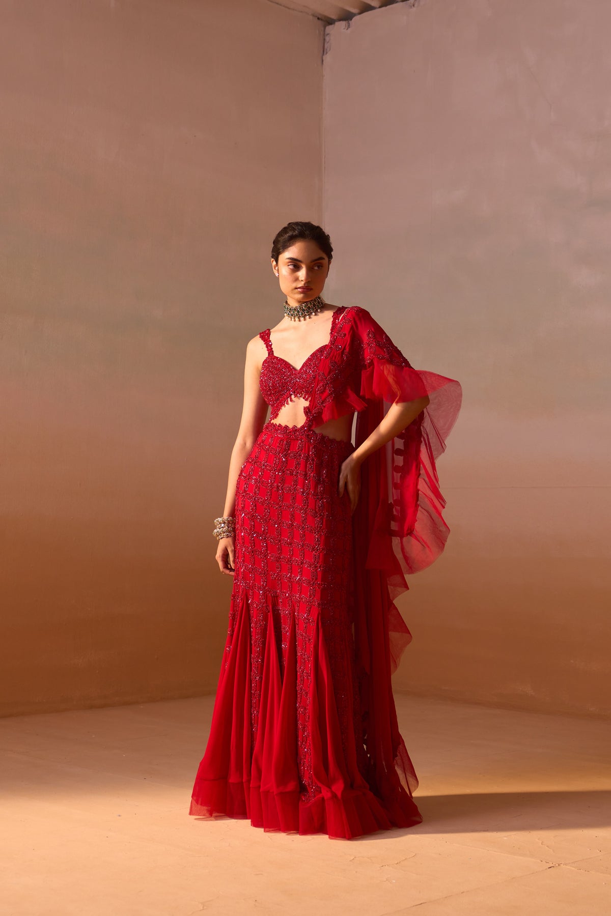 RED HEAVY DRAPED SAREE