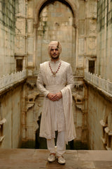 LIGHT BEIGE RAW SILK SHERWANI SET