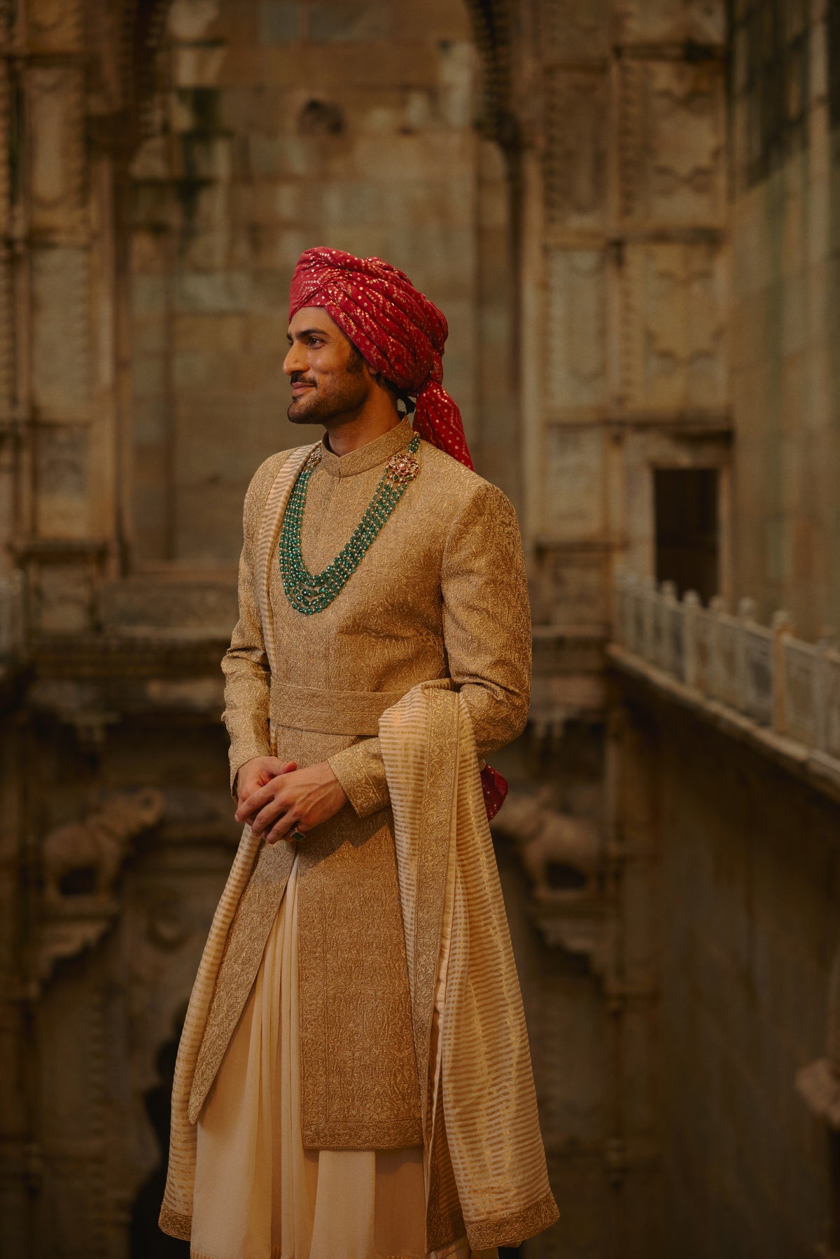 SALMON MATKA SHERWANI BEIGE KURTA CHURIDAR SET