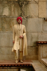 GOLD ZARDOZI RAW SILK SHERWANI SET