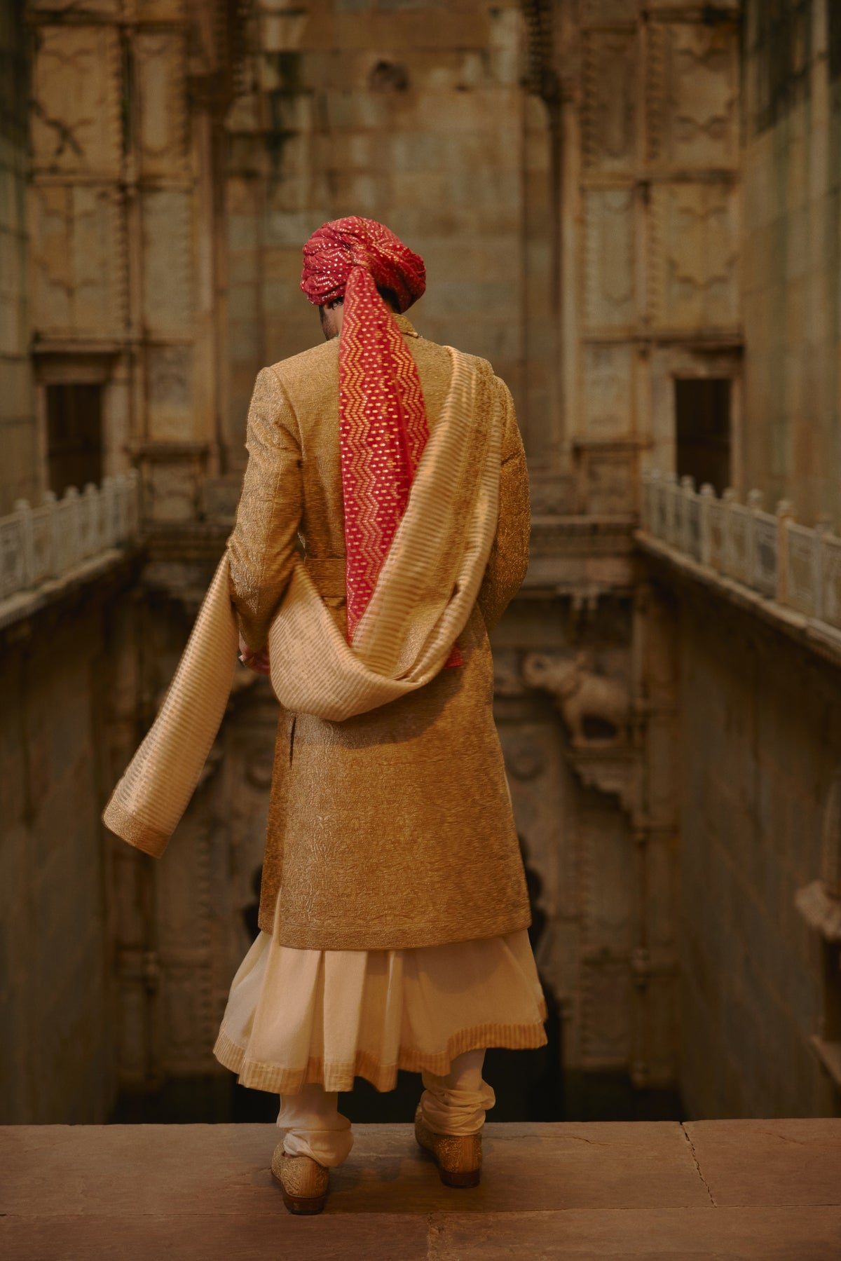 SALMON MATKA SHERWANI BEIGE KURTA CHURIDAR SET