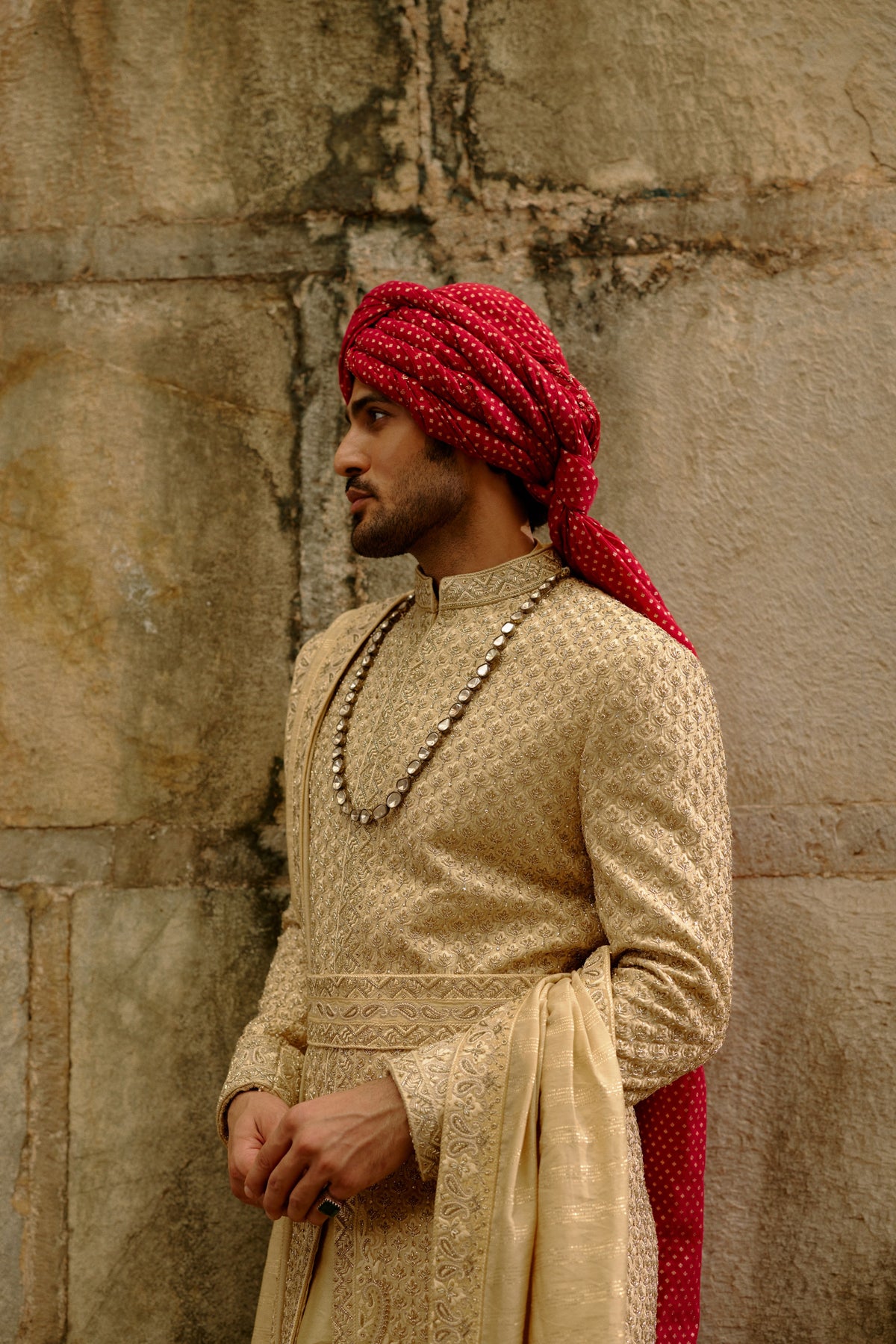 GOLD ZARDOZI RAW SILK SHERWANI SET