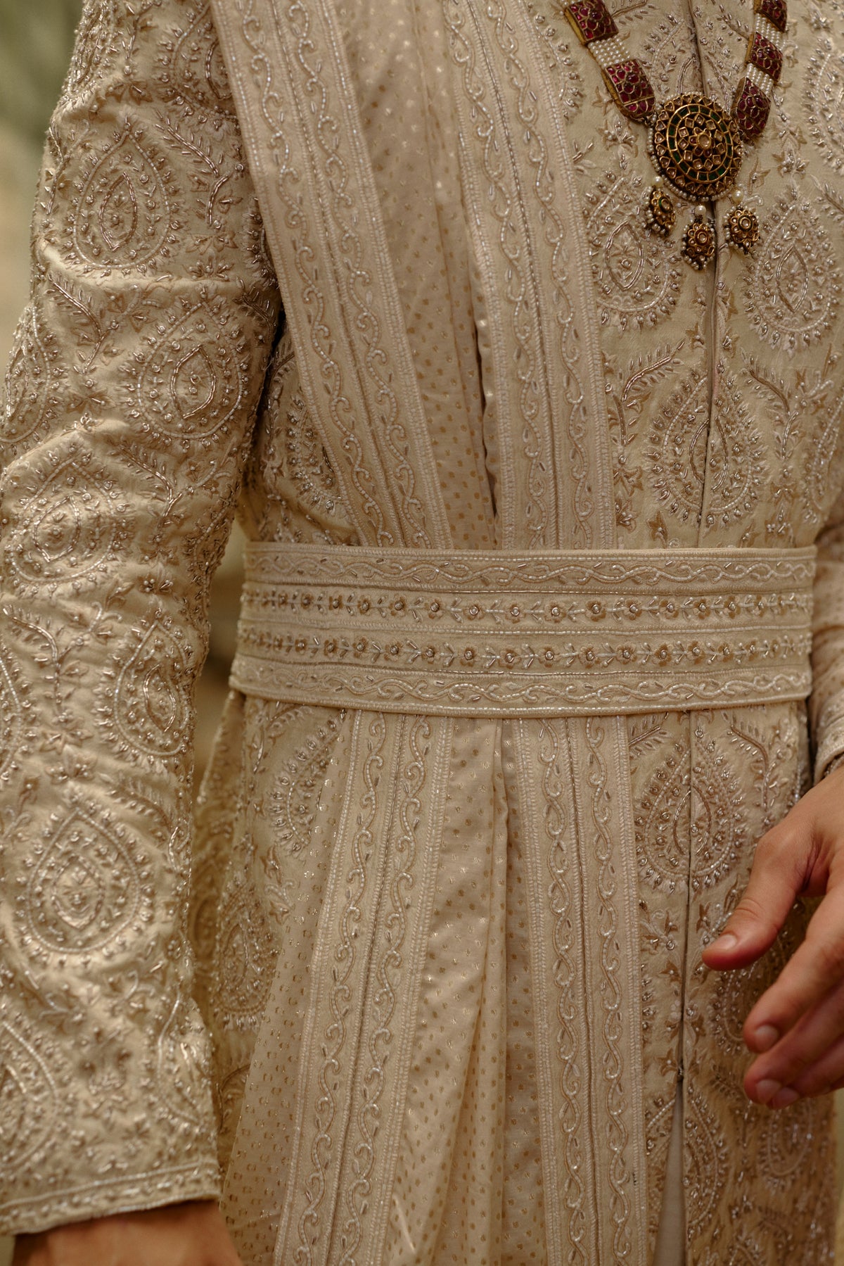 LIGHT BEIGE RAW SILK SHERWANI SET