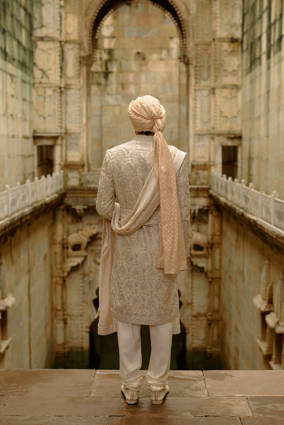 LIGHT BEIGE RAW SILK SHERWANI SET