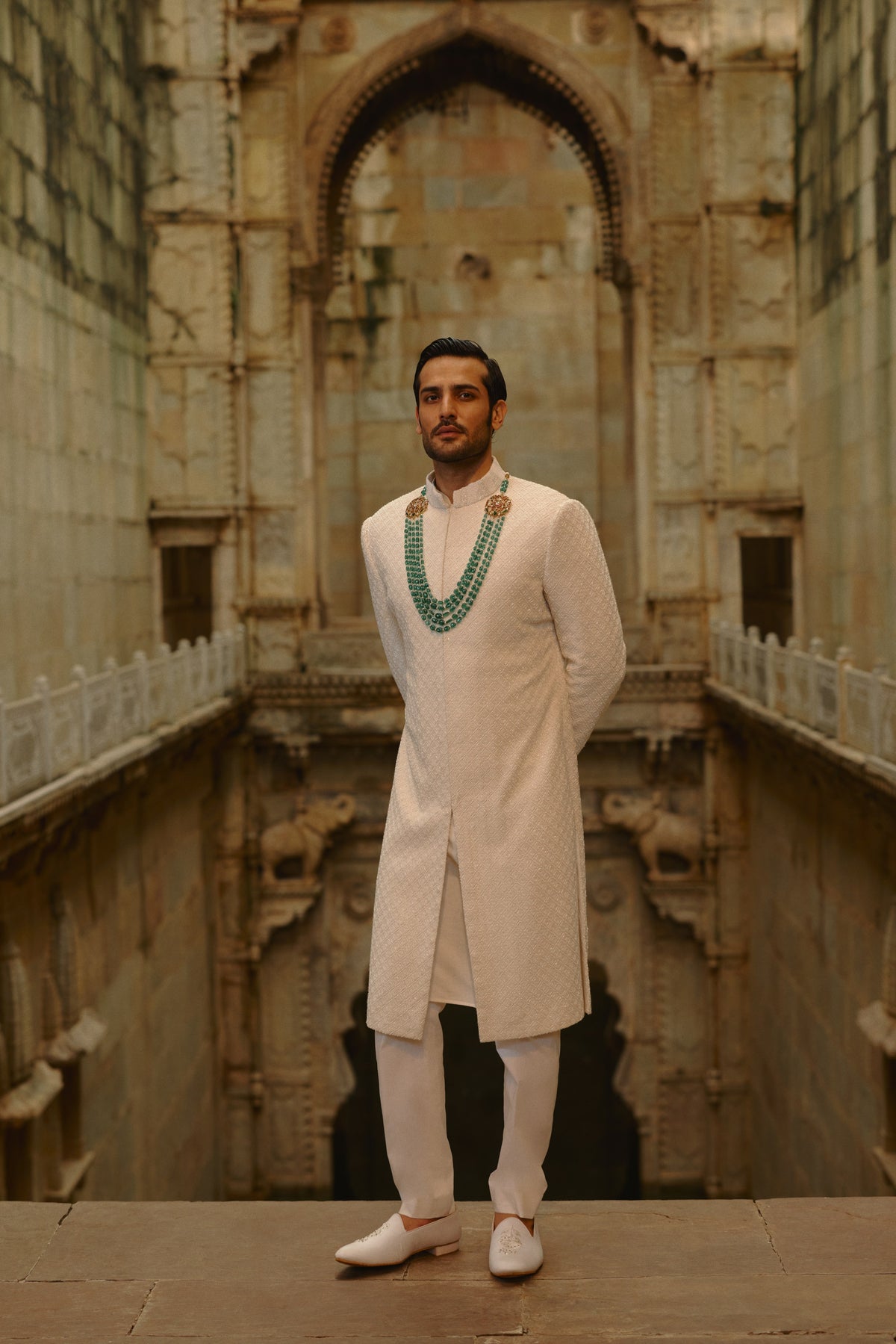IVORY ALL OVER GEOMETRIC EMBROIDERED SHERWANI SET