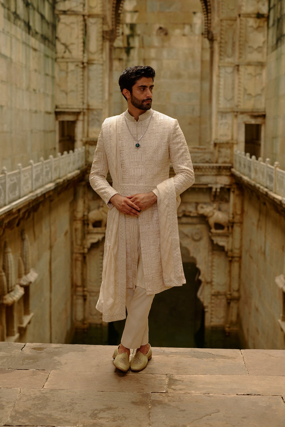 BEIGE GEOMETRIC EMBROIDERED RAW SILK SHERWANI SET