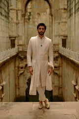 BEIGE GEOMETRIC EMBROIDERED RAW SILK SHERWANI SET