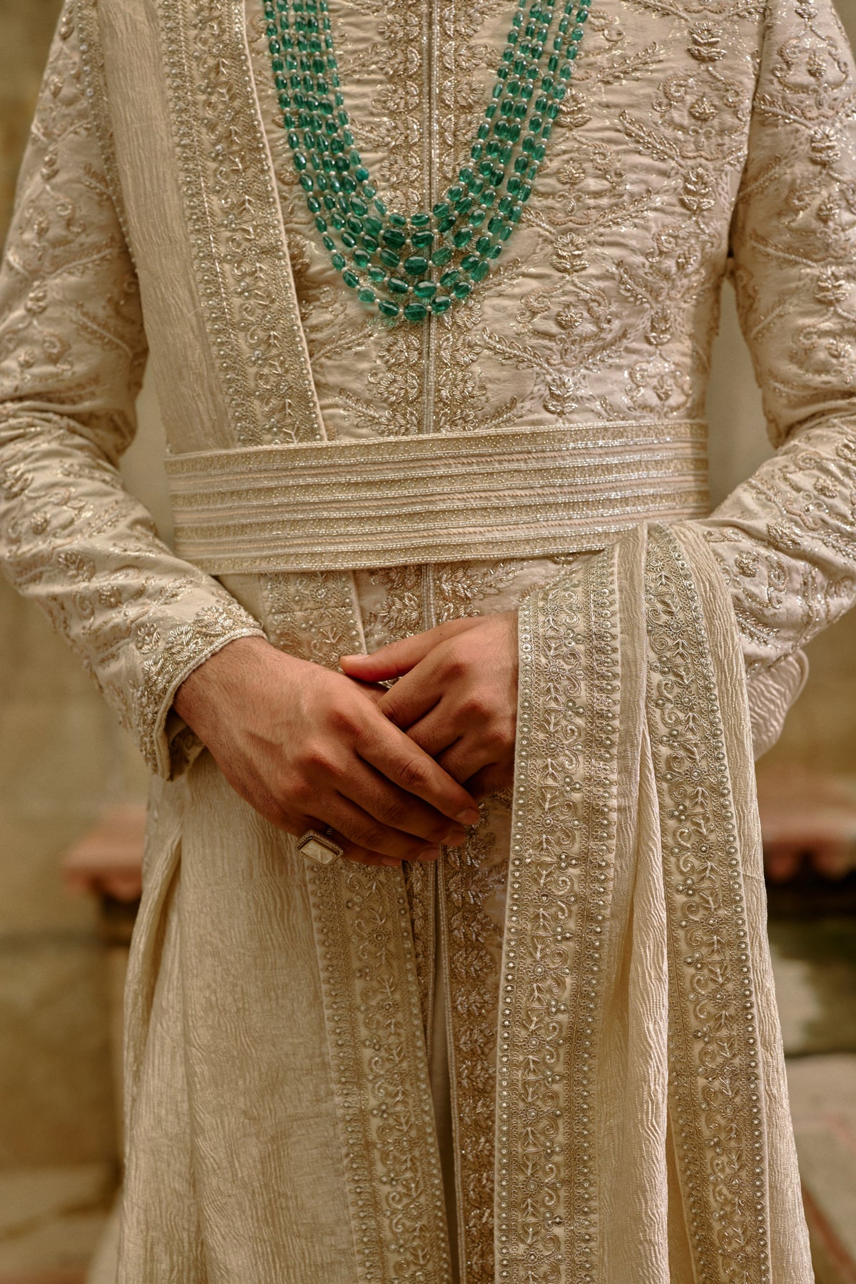 LINEN SILK BROCADE ZARDOZI SHERWANI SET