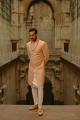 PEACH GEOMETRIC SHERWANI WITH KURTA & TROUSER SET