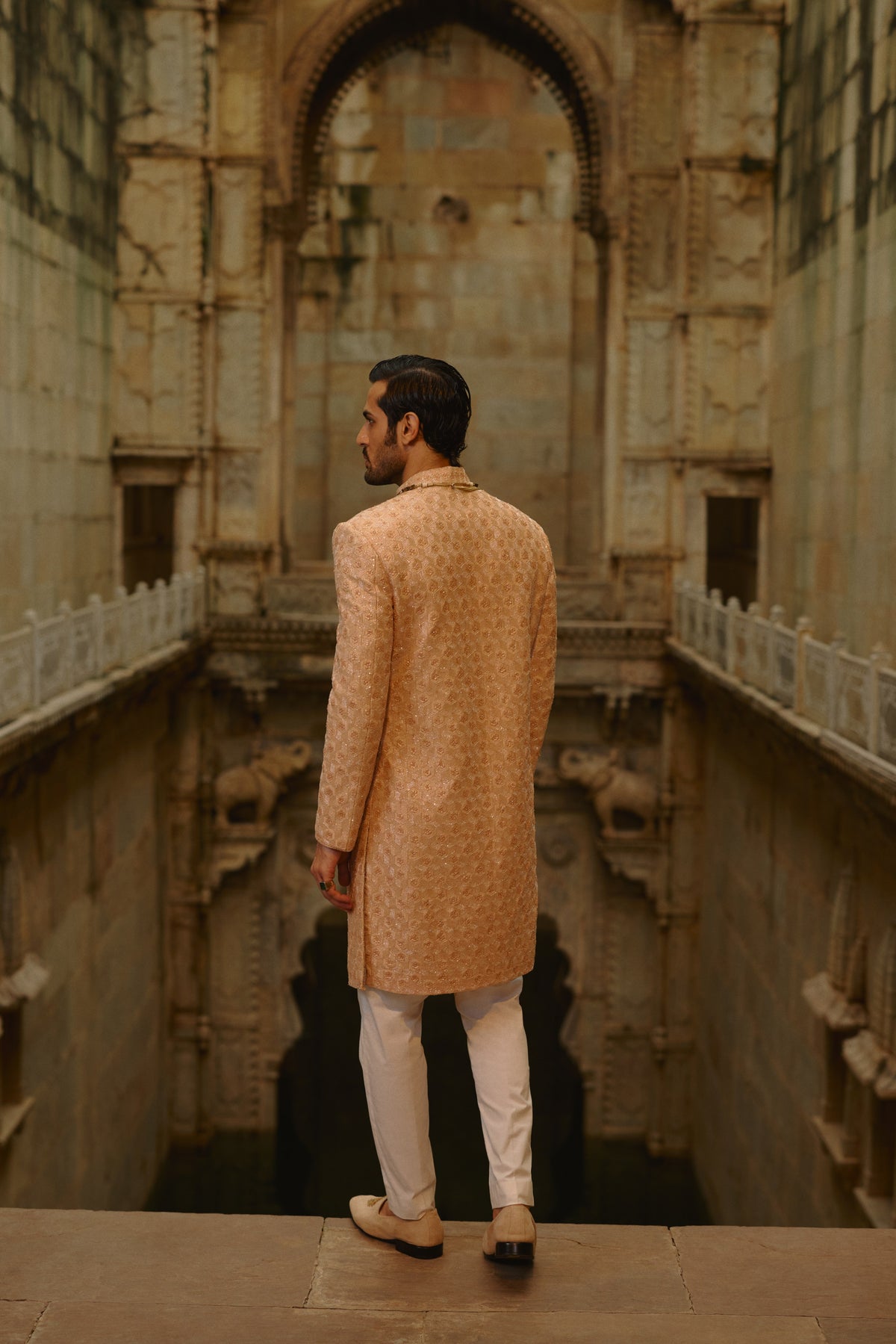PEACH GEOMETRIC SHERWANI WITH KURTA & TROUSER SET