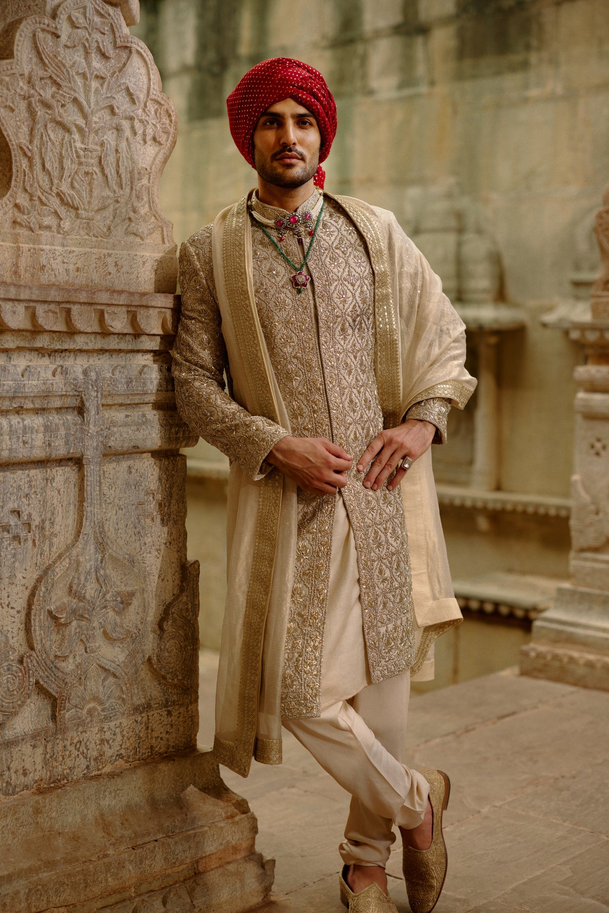 GOLD SHERWANI ZARDOZI EMBROIDERY SET