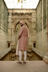 PINK SALMON MATKA SHERWANI WITH BEIGE KURTA CHURIDAR SET