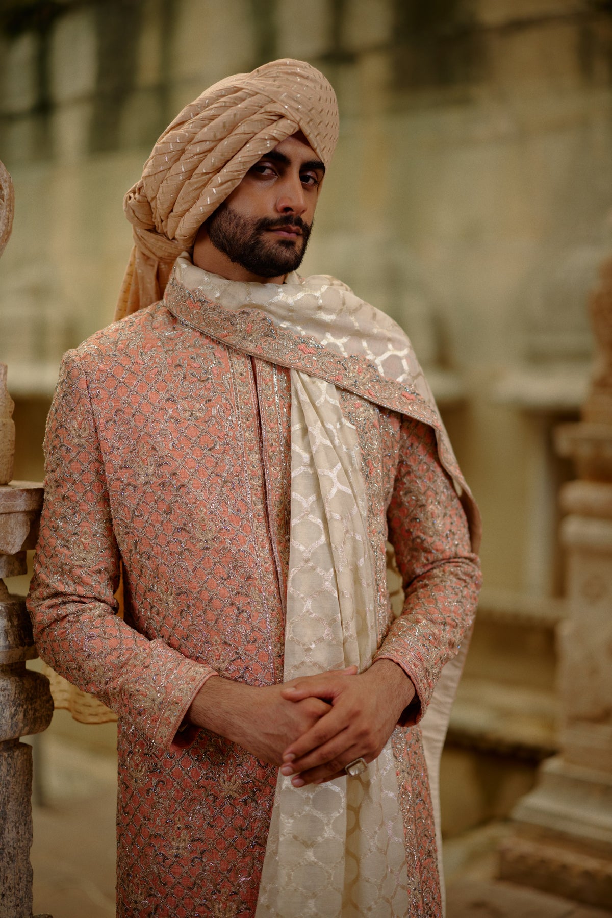 PINK SALMON MATKA SHERWANI WITH BEIGE KURTA CHURIDAR SET