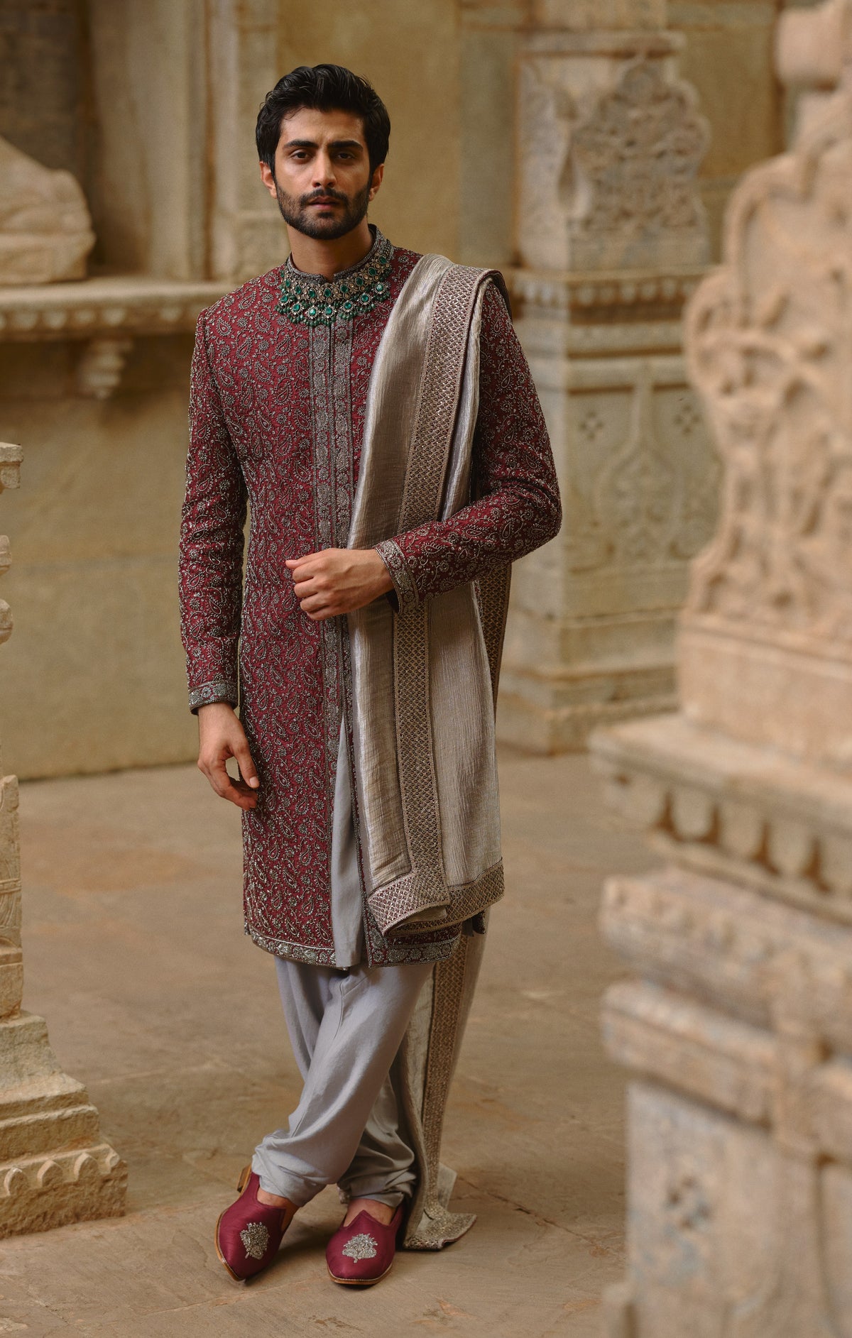 BURGUNDY RAW SILK SHERWANI SET