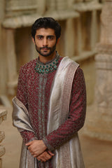 BURGUNDY RAW SILK SHERWANI SET