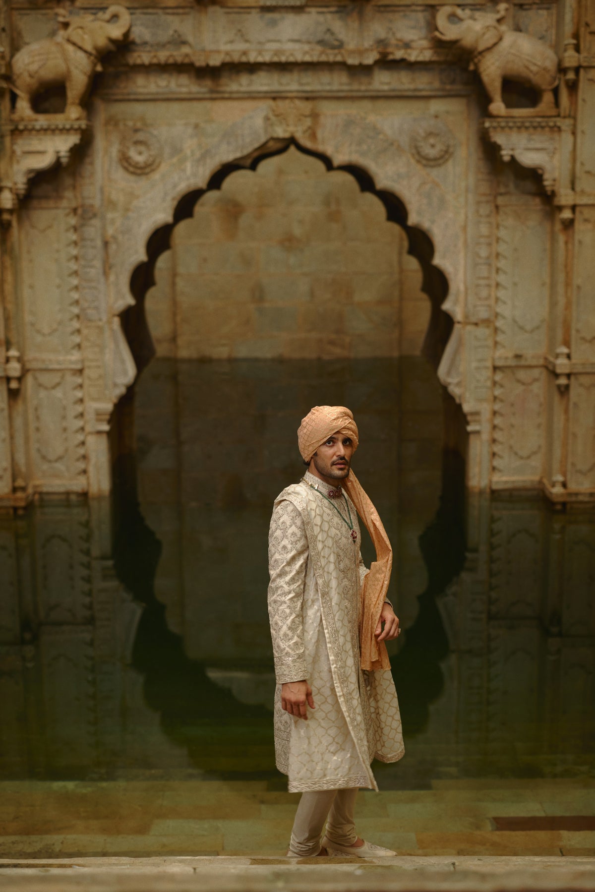 IVORY TAFFETA SILK DABKA JAAL SHERWANI SET