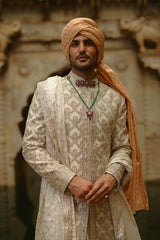 IVORY TAFFETA SILK DABKA JAAL SHERWANI SET