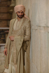 OLIVE GREEN RAW SILK SHERWANI WITH CHOGA SET